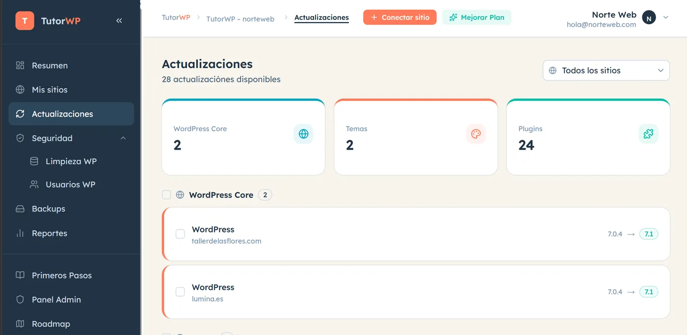Pantalla de actualizaciones de TutorWP con WordPress, temas y extensiones pendientes