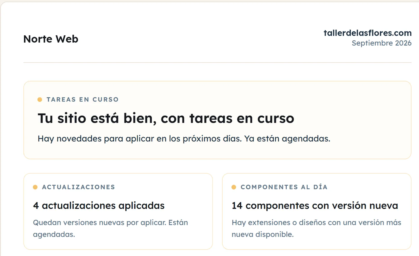 Informe mensual de TutorWP con la marca de la agencia y el resumen del mes en lenguaje claro